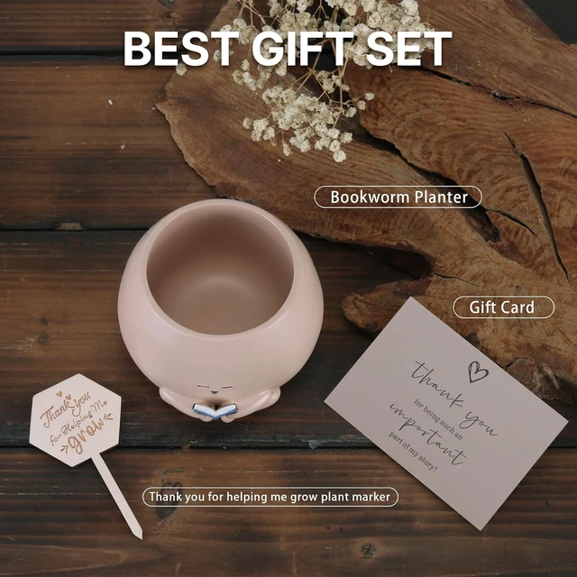 Alt view image 4 of 7 - Bookworm Planter Pot - Cute Plant Pots for Succulents with Thank You Sign & Card, Small Reading Planter for Indoor Outdoor Decor, Succulent Gifts for Book Lovers, Teacher Dad Mom Appreciation