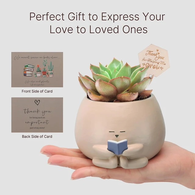 Alt view image 7 of 7 - Bookworm Planter Pot - Cute Plant Pots for Succulents with Thank You Sign & Card, Small Reading Planter for Indoor Outdoor Decor, Succulent Gifts for Book Lovers, Teacher Dad Mom Appreciation