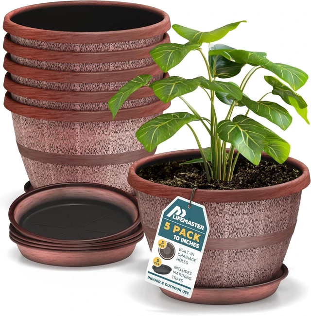 Main image of 10-Inch Whiskey Barrel Planters Outdoor Pack of 5 - Durable Plastic Plant Pots for Indoor & Outdoor Use with Drainage & Saucer, Lightweight Rustic Barrel Planters for Flowers, Herbs & Small Plants