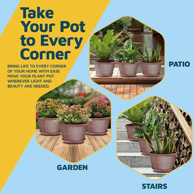 Alt view image 7 of 7 - 10-Inch Whiskey Barrel Planters Outdoor Pack of 5 - Durable Plastic Plant Pots for Indoor & Outdoor Use with Drainage & Saucer, Lightweight Rustic Barrel Planters for Flowers, Herbs & Small Plants