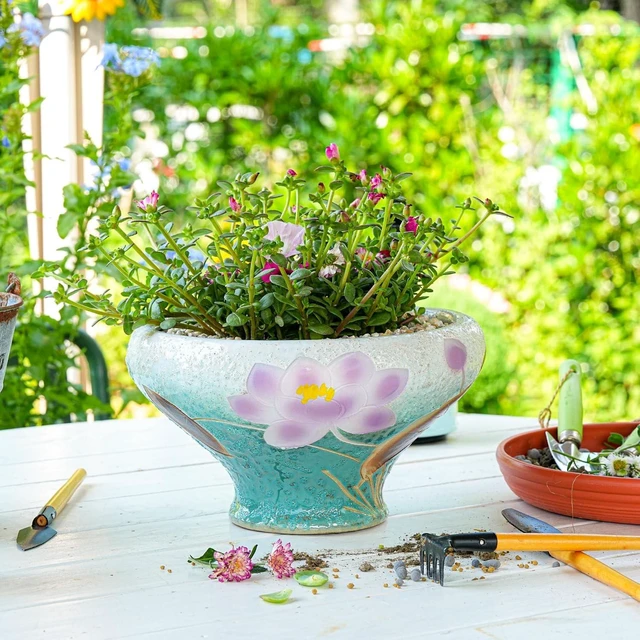Main image of Sungmor 9.6 Inch Large Succulent Plant Pots, Pretty Hand Painted Ceramic Planter with Drainage, Indoor Outdoor Cactus Planter Bonsai Pot, Flower Pot for Indoor Plants Garden Windowsill Desktop Decor