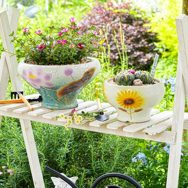 Alt view image 4 of 7 - Sungmor 9.6 Inch Large Succulent Plant Pots, Pretty Hand Painted Ceramic Planter with Drainage, Indoor Outdoor Cactus Planter Bonsai Pot, Flower Pot for Indoor Plants Garden Windowsill Desktop Decor