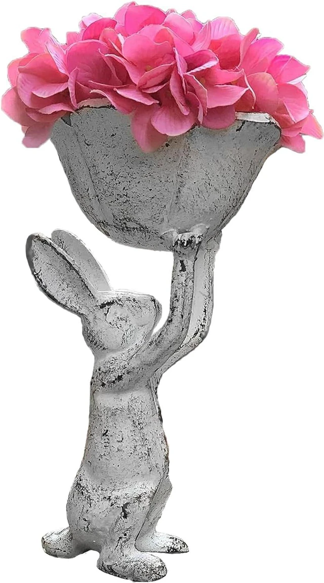 Main image of Antique White Cast Iron Rabbit with Flower Bird Feeder - 6 Inch Plant Pot or Feeder - (Cute Planter for Garden Decor for Outside)