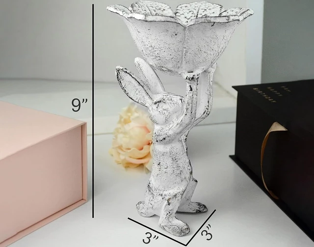 Alt view image 4 of 7 - Antique White Cast Iron Rabbit with Flower Bird Feeder - 6 Inch Plant Pot or Feeder - (Cute Planter for Garden Decor for Outside)