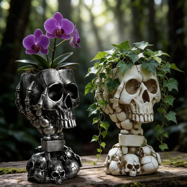 Alt view image 4 of 7 - Skull Planter, Goth Flower Pot, Gothic Plant Pots, Succulent Pots with Drainage, Halloween Plant Pot, Tall White Skulls Statue, Funny Desk Home Decor, Cool Figurines Flower Pots Gift for Mother Father