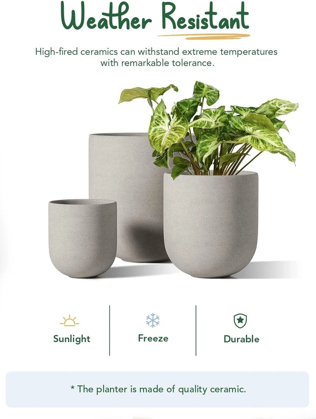 Alt view image 5 of 6 - LE TAUCI 6, 8 & 10 Inch Ceramic Planter Set for Indoor Plants, Neutral Gray