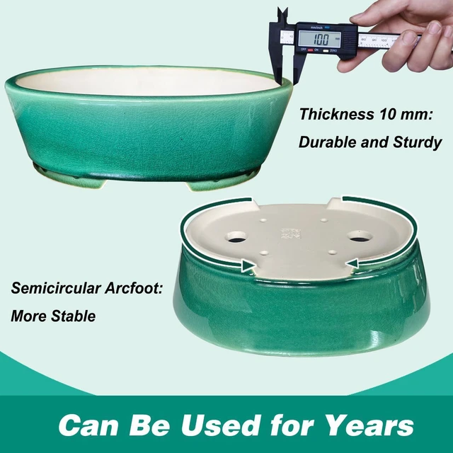 Alt view image 2 of 6 - 2pcs Green Ceramic Bonsai Planter Pots with Bamboo Tray 6.2 & 5.3, Rectangular Glazed Bonsai & Succulent Cactus Starter Pot with Drainage Ice Crack Design (Crackle Glazed 9")