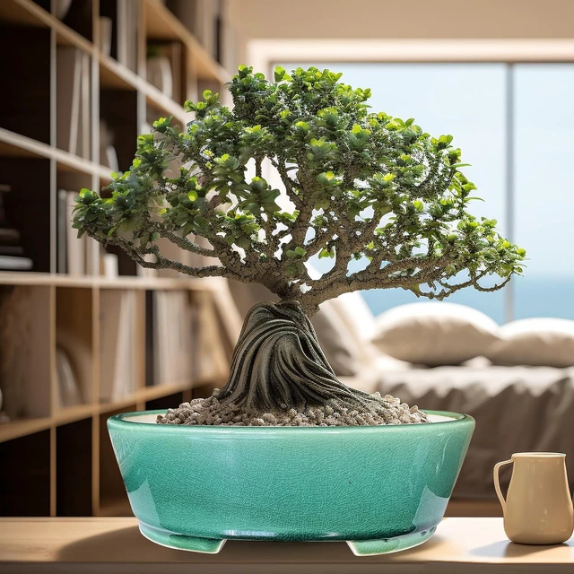 Alt view image 5 of 6 - 2pcs Green Ceramic Bonsai Planter Pots with Bamboo Tray 6.2 & 5.3, Rectangular Glazed Bonsai & Succulent Cactus Starter Pot with Drainage Ice Crack Design (Crackle Glazed 9")