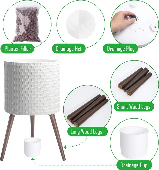 Alt view image 4 of 6 - D'vine Dev Planter Pot with Wood Stand, 16 in, Matte White, 88-Z-E-1