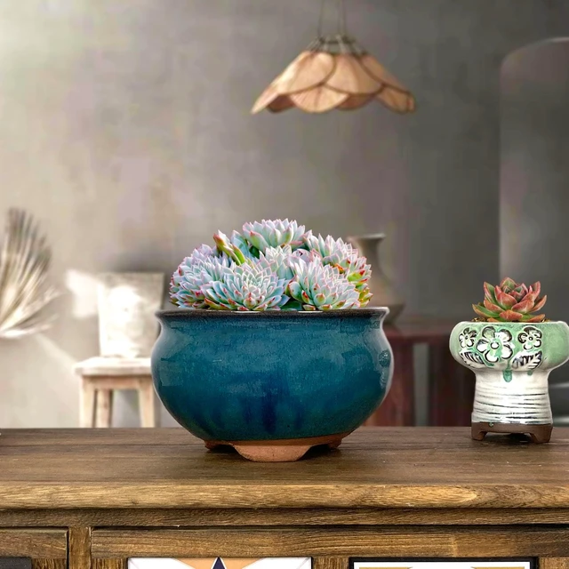 Alt view image 3 of 7 - 8 Inch Succulent Pot with Drainage and Saucer Glazed Terracotta Round Ceramic Succulent Planter Cactus Bonsai Plant Pot (Dark Green)