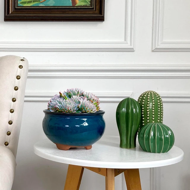 Alt view image 5 of 7 - 8 Inch Succulent Pot with Drainage and Saucer Glazed Terracotta Round Ceramic Succulent Planter Cactus Bonsai Plant Pot (Dark Green)