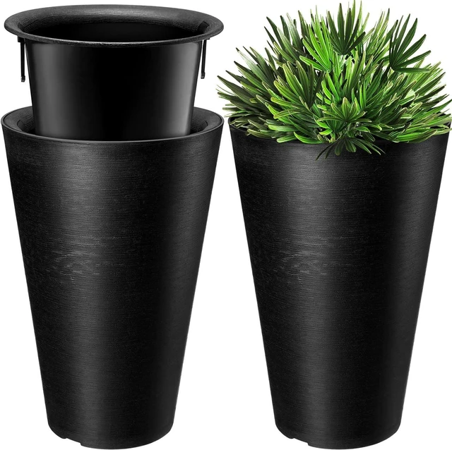 Main image of Sieral Set of 2 Tall Outdoor Planters 12 x 18 Inch Large Resin Outdoor Planters for Front Porch Flower Round Floor Decorative Indoor Pots with Drainage(Black)