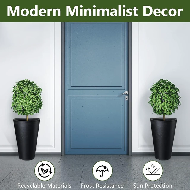 Alt view image 2 of 7 - Sieral Set of 2 Tall Outdoor Planters 12 x 18 Inch Large Resin Outdoor Planters for Front Porch Flower Round Floor Decorative Indoor Pots with Drainage(Black)