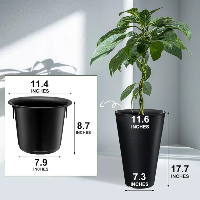 Alt view image 3 of 7 - Sieral Set of 2 Tall Outdoor Planters 12 x 18 Inch Large Resin Outdoor Planters for Front Porch Flower Round Floor Decorative Indoor Pots with Drainage(Black)