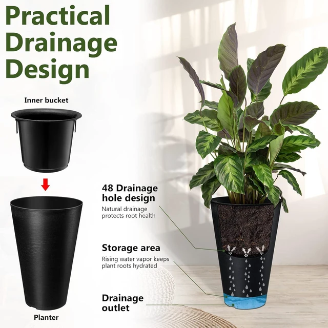 Alt view image 4 of 7 - Sieral Set of 2 Tall Outdoor Planters 12 x 18 Inch Large Resin Outdoor Planters for Front Porch Flower Round Floor Decorative Indoor Pots with Drainage(Black)