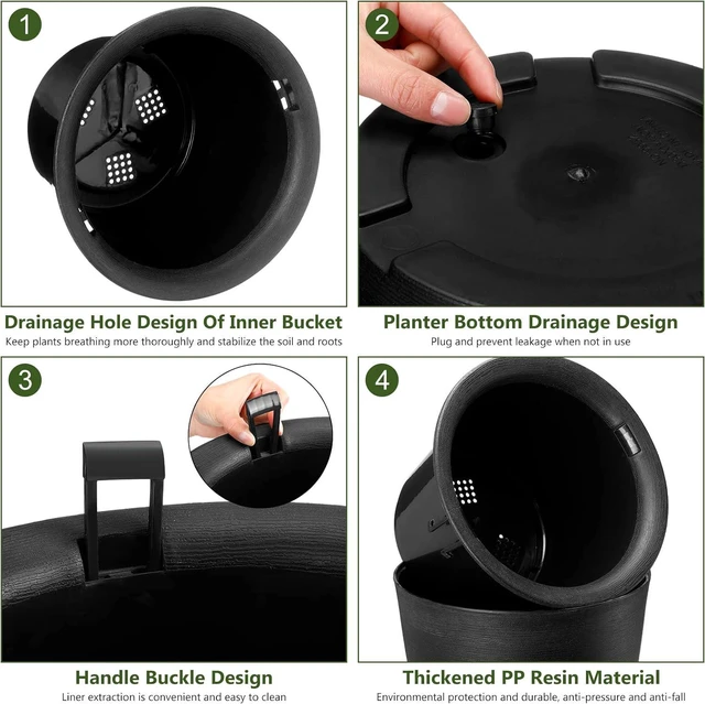 Alt view image 5 of 7 - Sieral Set of 2 Tall Outdoor Planters 12 x 18 Inch Large Resin Outdoor Planters for Front Porch Flower Round Floor Decorative Indoor Pots with Drainage(Black)