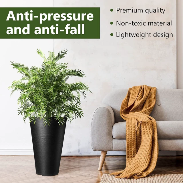 Alt view image 6 of 7 - Sieral Set of 2 Tall Outdoor Planters 12 x 18 Inch Large Resin Outdoor Planters for Front Porch Flower Round Floor Decorative Indoor Pots with Drainage(Black)
