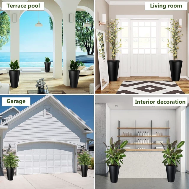 Alt view image 7 of 7 - Sieral Set of 2 Tall Outdoor Planters 12 x 18 Inch Large Resin Outdoor Planters for Front Porch Flower Round Floor Decorative Indoor Pots with Drainage(Black)