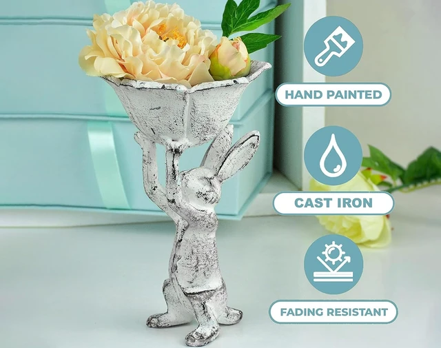Alt view image 5 of 7 - Antique White Cast Iron Rabbit with Flower Bird Feeder - 6 Inch Plant Pot or Feeder - (Cute Planter for Garden Decor for Outside)
