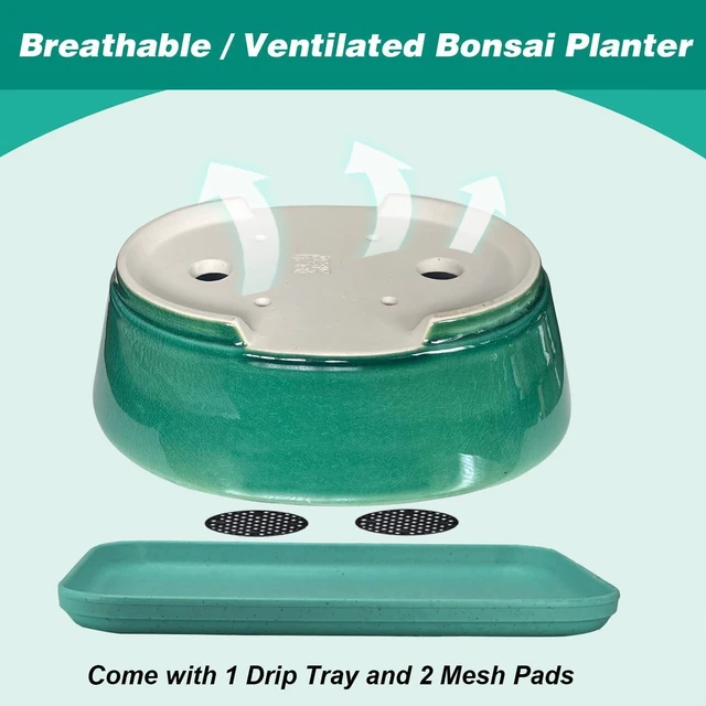 Alt view image 3 of 6 - 2pcs Green Ceramic Bonsai Planter Pots with Bamboo Tray 6.2 & 5.3, Rectangular Glazed Bonsai & Succulent Cactus Starter Pot with Drainage Ice Crack Design (Crackle Glazed 9")