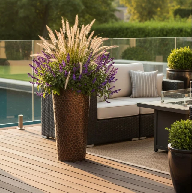 Alt view image 3 of 7 - H Potter 28 Inch Round Column Planter, Hammered Antique Copper Finish