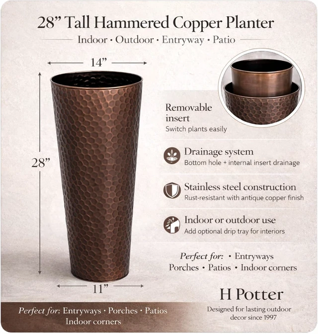 Alt view image 5 of 7 - H Potter 28 Inch Round Column Planter, Hammered Antique Copper Finish