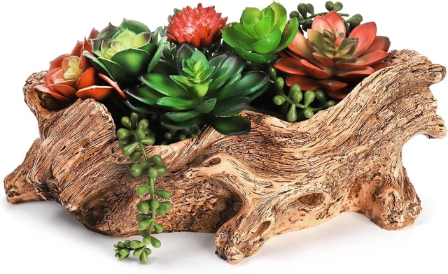 Main image of Tebery Artificial Driftwood Stump Log Planter Vintage Cactus Container with Drainage Hole, Creative Imitation Sculpture Resin Succulent Flower Pot for Herb, Strawberry, Small Plants
