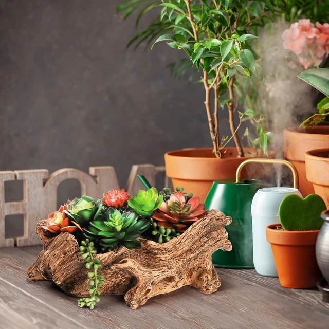 Alt view image 5 of 5 - Tebery Artificial Driftwood Stump Log Planter Vintage Cactus Container with Drainage Hole, Creative Imitation Sculpture Resin Succulent Flower Pot for Herb, Strawberry, Small Plants