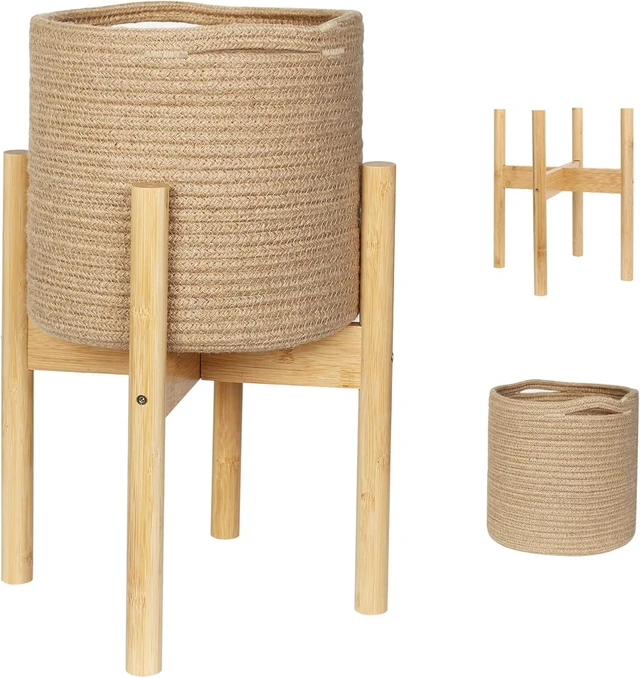Main image of Plant Basket with Stand, Indoor Round Wicker Basket Plant with Bamboo Wood Stand, Decorative Woven Rope Flower Indoor Planter with Legs, Boho Bamboo Wood Planter Holder (Jute)