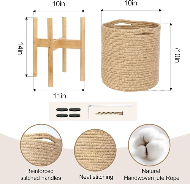 Alt view image 2 of 7 - Plant Basket with Stand, Indoor Round Wicker Basket Plant with Bamboo Wood Stand, Decorative Woven Rope Flower Indoor Planter with Legs, Boho Bamboo Wood Planter Holder (Jute)