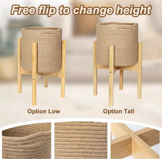 Alt view image 3 of 7 - Plant Basket with Stand, Indoor Round Wicker Basket Plant with Bamboo Wood Stand, Decorative Woven Rope Flower Indoor Planter with Legs, Boho Bamboo Wood Planter Holder (Jute)