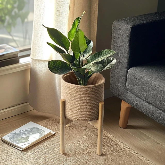 Alt view image 4 of 7 - Plant Basket with Stand, Indoor Round Wicker Basket Plant with Bamboo Wood Stand, Decorative Woven Rope Flower Indoor Planter with Legs, Boho Bamboo Wood Planter Holder (Jute)