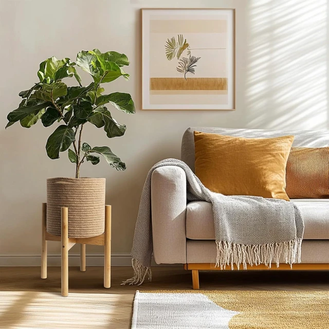 Alt view image 6 of 7 - Plant Basket with Stand, Indoor Round Wicker Basket Plant with Bamboo Wood Stand, Decorative Woven Rope Flower Indoor Planter with Legs, Boho Bamboo Wood Planter Holder (Jute)