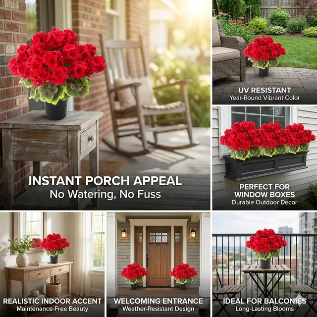 Alt view image 6 of 7 - Lovemoon 2pcs Potted Red Geraniums Artificial Outdoor Flowers for Christmas