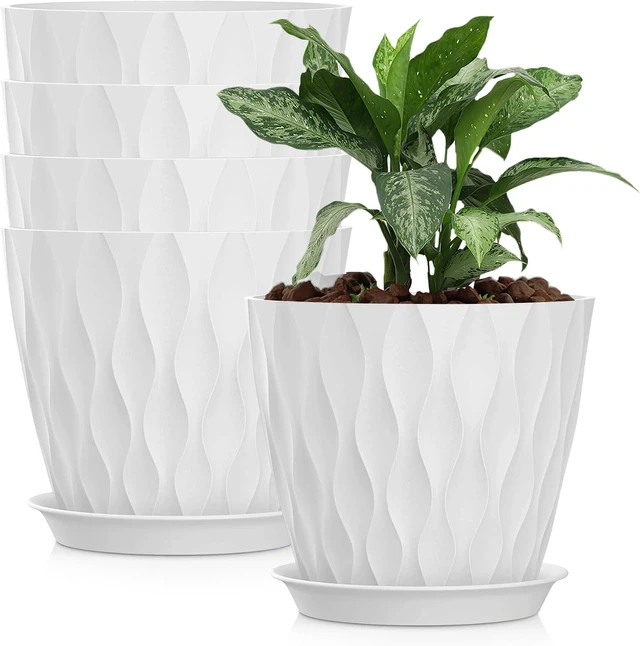 Main image of 8 Inch Plastic Plant Pots,Set of 5 Flower Pots,Planters with Drainage Holes & Saucers, Indoor Outdoor Garden Pots for Home Decor(White)