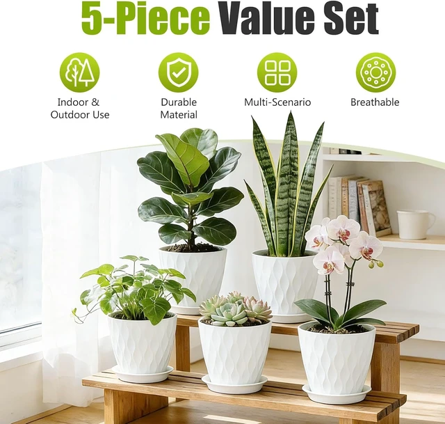 Alt view image 2 of 7 - 8 Inch Plastic Plant Pots,Set of 5 Flower Pots,Planters with Drainage Holes & Saucers, Indoor Outdoor Garden Pots for Home Decor(White)