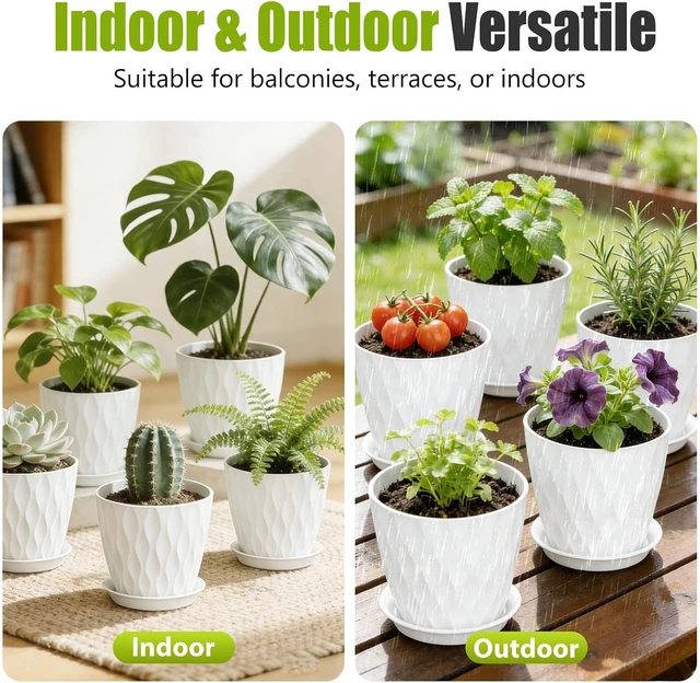 Alt view image 3 of 7 - 8 Inch Plastic Plant Pots,Set of 5 Flower Pots,Planters with Drainage Holes & Saucers, Indoor Outdoor Garden Pots for Home Decor(White)