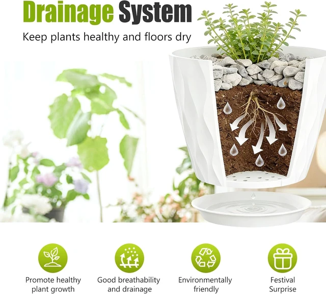 Alt view image 4 of 7 - 8 Inch Plastic Plant Pots,Set of 5 Flower Pots,Planters with Drainage Holes & Saucers, Indoor Outdoor Garden Pots for Home Decor(White)