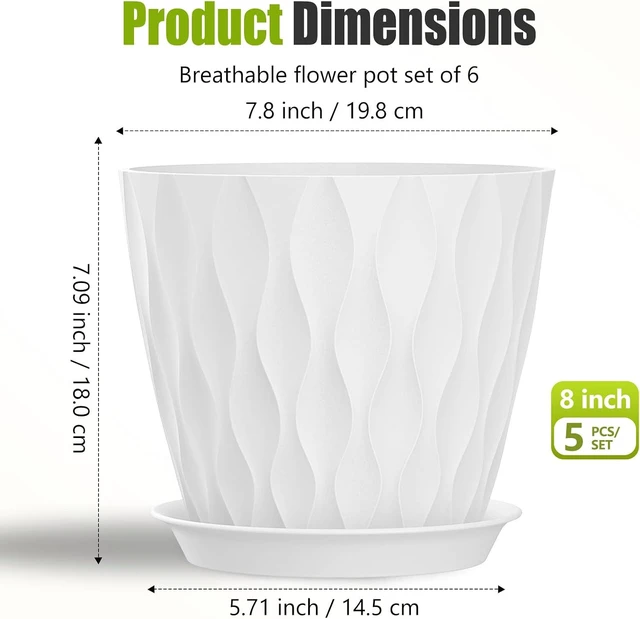 Alt view image 5 of 7 - 8 Inch Plastic Plant Pots,Set of 5 Flower Pots,Planters with Drainage Holes & Saucers, Indoor Outdoor Garden Pots for Home Decor(White)