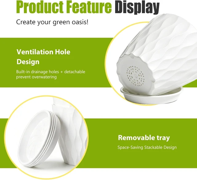 Alt view image 6 of 7 - 8 Inch Plastic Plant Pots,Set of 5 Flower Pots,Planters with Drainage Holes & Saucers, Indoor Outdoor Garden Pots for Home Decor(White)