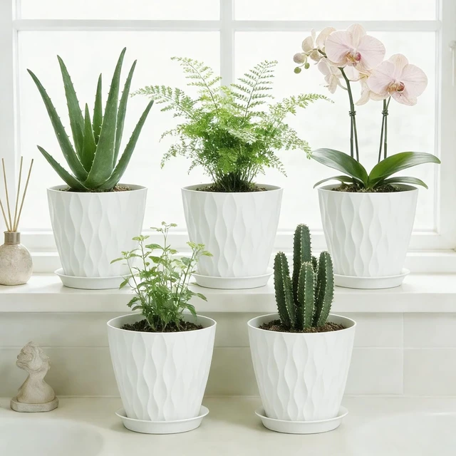 Alt view image 7 of 7 - 8 Inch Plastic Plant Pots,Set of 5 Flower Pots,Planters with Drainage Holes & Saucers, Indoor Outdoor Garden Pots for Home Decor(White)