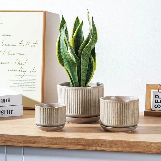 Alt view image 3 of 7 - Ceramic Plant Pots Set of 3, 4.3+5.5+6.8 Inch Indoor Outdoor Planters with Drainage Hole and Saucer, Ceramic Flower Pots for Indoor Plants, Home, Garden, Patio and Office, Matte Grey