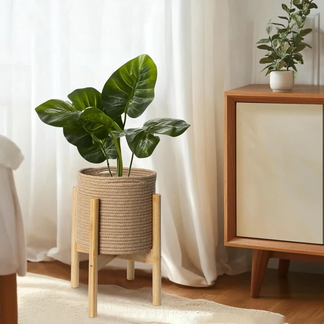 Alt view image 5 of 7 - Plant Basket with Stand, Indoor Round Wicker Basket Plant with Bamboo Wood Stand, Decorative Woven Rope Flower Indoor Planter with Legs, Boho Bamboo Wood Planter Holder (Jute)
