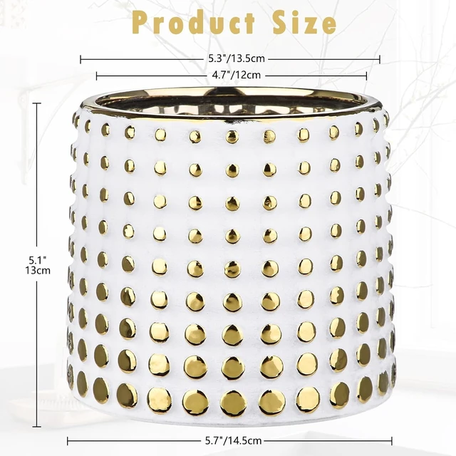 Alt view image 4 of 7 - GnFlus Ceramic Plant Pots Indoor, 5.7 Inch Planters for Indoor Plants Gold Polka Dots Flower Pots with Drainage Hole, Cylinder Round Planters, Gold and White