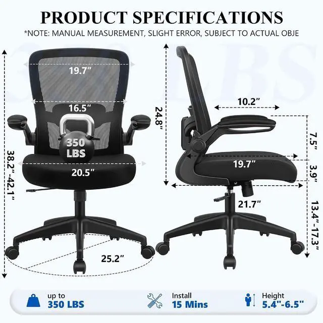 Alt view image 3 of 7 - FelixKing Office Chair, Ergonomic Desk Chair Breathable Mesh Chairs Adjustable High Back Lumbar Support Flip-up Armrests, Executive Rolling Swivel Comfy Computer Chairs Home Office Black