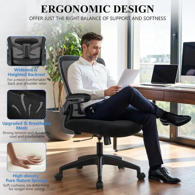 Alt view image 6 of 7 - FelixKing Office Chair, Ergonomic Desk Chair Breathable Mesh Chairs Adjustable High Back Lumbar Support Flip-up Armrests, Executive Rolling Swivel Comfy Computer Chairs Home Office Black