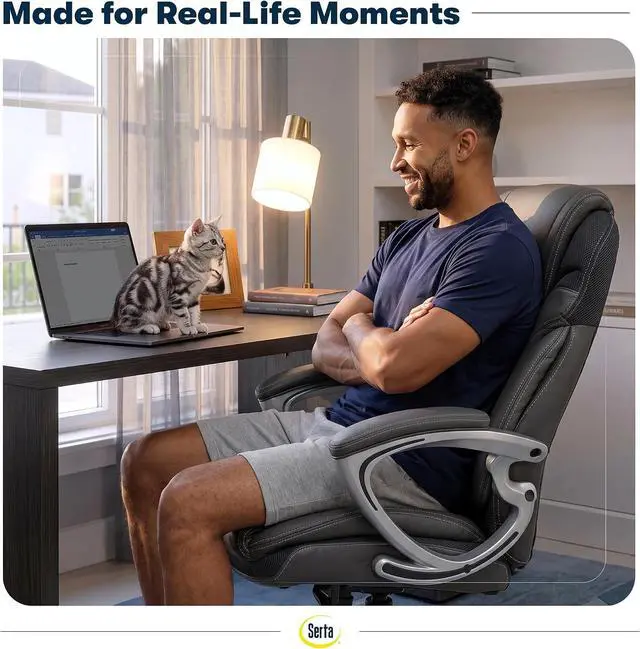 Alt view image 3 of 7 - Serta Bryce Executive Office Chair - Ergonomic Computer Desk Chair with Patented AIR Lumbar Technology - Adjustable Height - Memory Foam Body Pillows - 360° Swivel Rolling Base - Bonded Leather - Gray