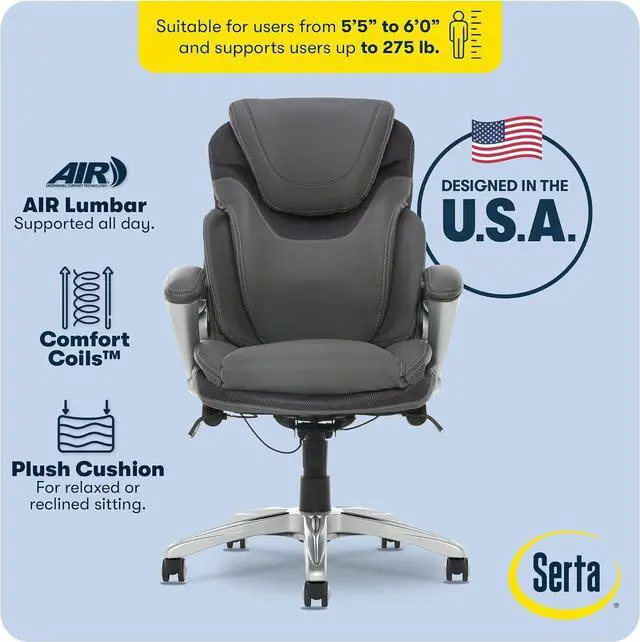 Alt view image 4 of 7 - Serta Bryce Executive Office Chair - Ergonomic Computer Desk Chair with Patented AIR Lumbar Technology - Adjustable Height - Memory Foam Body Pillows - 360° Swivel Rolling Base - Bonded Leather - Gray