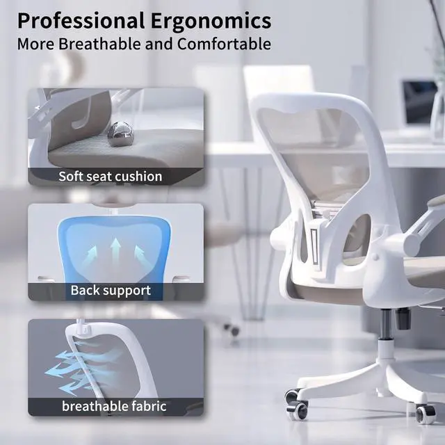 Alt view image 3 of 7 - Monhey Ergonomic Office Desk Chair with Lumbar Support, High Back (Khaki) | 90°-125° Tilt Lock, 360° Swivel, Mute Wheels, High Back, Breathable Mesh, Foldable Armrests, Home Office Use
