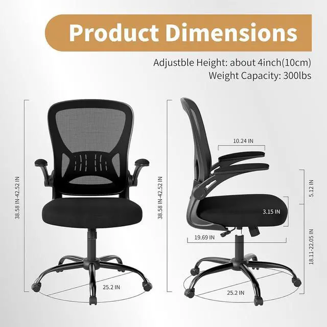 Alt view image 2 of 7 - Youhauchair Adjustable Mesh Ergonomic Office Chair with Wheels, Black | Flip-up Arms, Lumbar Support, Home Desk Chair, Height Adjustable, Breathable, Mid Back Swivel Compurter Chair, Set of 1